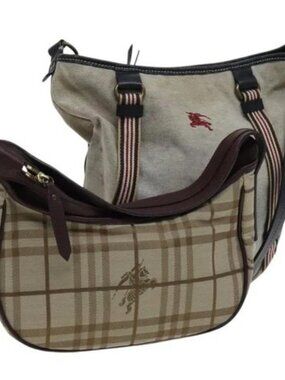 BURBERRY Nova Check Blue Label Shoulder Bag Canvas 2 Set Beige Gray Auth bs21820